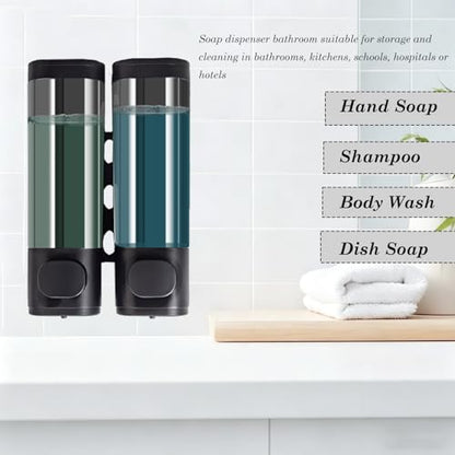 2-Chamber 10oz/300ML Black Plastic Hand Wall Mounted Soap Dispensers | Refillable Shampoo Conditioner Shower Dispenser No Drill, Clear Manual Pump Dispenser for Bathroom Hotel Kitchen - color: 2-chamber Black