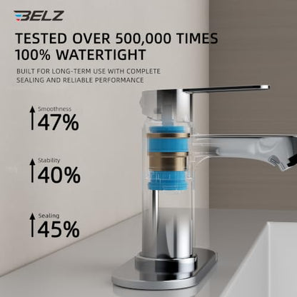 BELZ Chrome Bathroom Faucet, Lead-Free for 1 or 3 Hole 4" Vanity Sink | NSF372 Compliant,Anti-peeling PVD Finish,Includes Pop-up Drain & Hoses,Single Handle Modern Design, Easy DIY Install - color: Polished Chrome