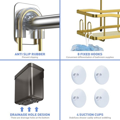 Hanging Shower Caddy Over Shower Head - No Drill Rustproof Shower Rack | Includes Soap Holder and Hooks for Shampoo, Conditioner, and Bathroom Essentials with Stable Storage in Any Shower Space - color: Gold