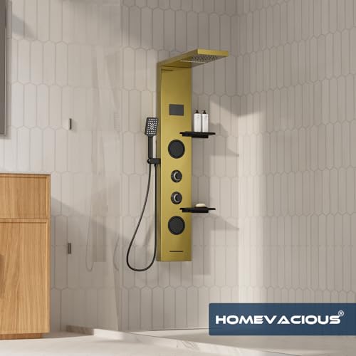 Homevacious 4 In 1 Shower Panel System with Shelf Polished Gold | LED Rain Shower Head Adjustable Massage Body Jets 3 Functions Handheld Head Tub Spout Stainless Steel - color: Polished Gold and Black, style: LED Shower Panel