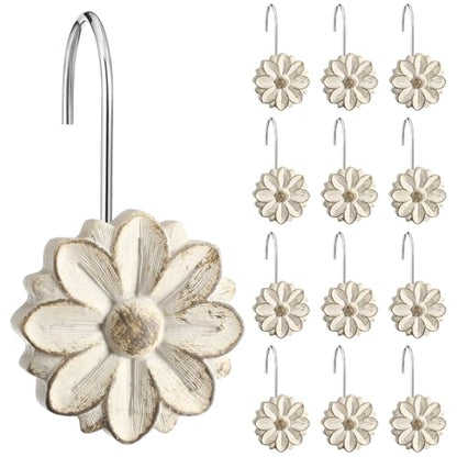 BreezeHug 12 Pcs Boho Shower Curtain Hooks Decorative Shower Curtain Hangers for Bathroom Rod Resin Round Rings with White Flower Pattern, Waterproof - style: Flower