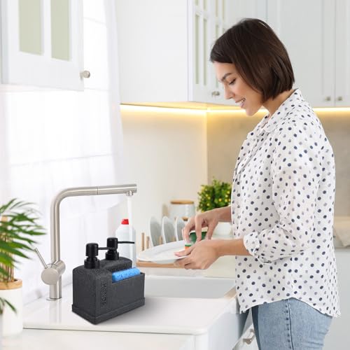 Kitchen Hand Soap and Dish Soap Dispenser Set,Dual Soap Dispenser with Sponge Holder 3-in-1 Organizer for Kitchen Sink,Bathroom,Useful Kitchen Gadgets - Black - color: 3 in 1 - Black