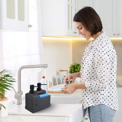 Kitchen Hand Soap and Dish Soap Dispenser Set,Dual Soap Dispenser with Sponge Holder 3-in-1 Organizer for Kitchen Sink,Bathroom,Useful Kitchen Gadgets - Black - color: 3 in 1 - Black