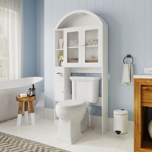 Over The Toilet Storage,Arched Wooden Over The Toilet Storage Organizer with Double Doors,Multiple Compartments and Open Shelves,Anti-tip Device,Space Saving (Toilet cabinet-white-01)