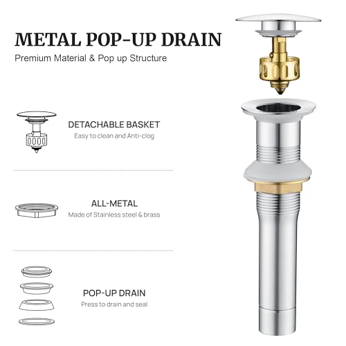 Pop up Sink Drain Stopper for Bathroom Vessel Vanity Sink Art Basin Chrome, Big Cap Without Overflow, Metal Pop-up Drain Strainer with Detachable Basket Stopper - color: Chrome, style: without overflow