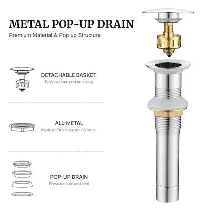 Pop up Sink Drain Stopper for Bathroom Vessel Vanity Sink Art Basin Chrome, Big Cap Without Overflow, Metal Pop-up Drain Strainer with Detachable Basket Stopper - color: Chrome, style: without overflow
