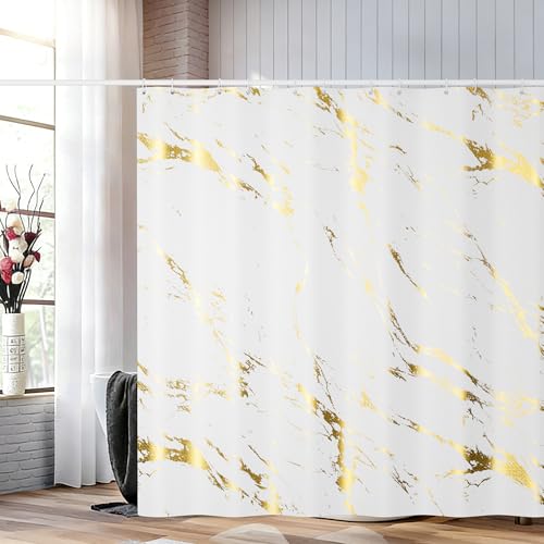 Gold Marble Shower Curtain, Waterproof Bathroom Decor Curtain with Hooks, Stylish White & Gold Pattern Bath Curtain for Modern/Luxury Bathrooms (72x72 Inches) - color: White, size: 72"W x 72"L (Pack of 1)