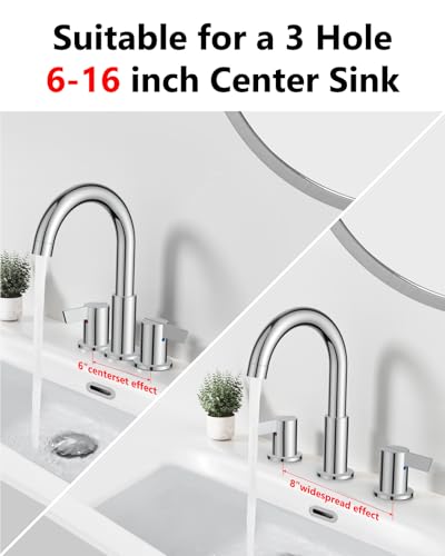 Polish Chrome Bathroom Faucet 3 Hole, 8 Inch Widespread 2-Handle | SUS304 Stainless Steel, 2-Handle Control, Pop-Up Drain, Supply Lines and Mounting Hardware for 8-Inch Widespread Vanity Sinks - color: Polish Chrome