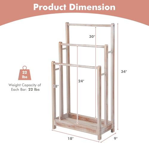 Giantex 3 Tier Free Standing Towel Rack with Storage Shelf, Light Brown | Wood Bath Towel Drying Stand, Blanket Holder for Living Room, Laundry, Bathroom, Poolside, 18" L x 9" W x 34" H - color: Light Brown