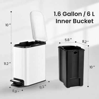 TIPGO Slim Bathroom Trash Can with Lid Soft Close, Step Pedal, 6 Liter / 1.6 Gallon Stainless Steel Garbage Can with Removable Inner Bucket, Anti-Fingerprint Finish (White) - color: White