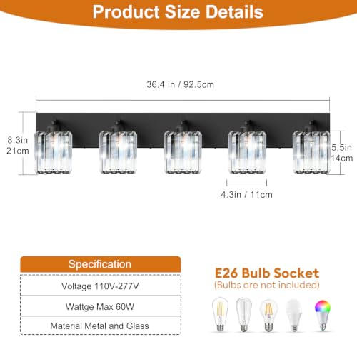 Black Crystal Bathroom Vanity Light, 5-Light Modern Bathroom Lighting Fixtures Over Mirror, Matte Black Wall Sconce Light Fixtures with Square Shade - color: Black-Square Shade, size: 5-LIGHT