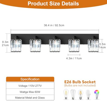 Black Crystal Bathroom Vanity Light, 5-Light Modern Bathroom Lighting Fixtures Over Mirror, Matte Black Wall Sconce Light Fixtures with Square Shade - color: Black-Square Shade, size: 5-LIGHT