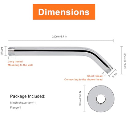 Shower Arm with Flange and Teflon Tape, Wall Mounted Shower Pipe 304 Stainless Steel Extension Arm for Fixed Shower Head & Handheld (8 Inch, Chrome) - color: Chrome, style: 8 Inch
