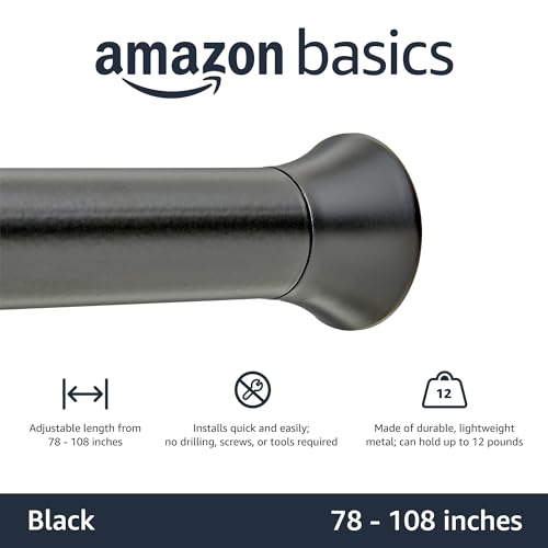 Amazon Basics No Drilling Spring Tension Curtain Rod, Adjustable 78-108" Width, Classic Finial, Black - color: Black, size: 78-108"