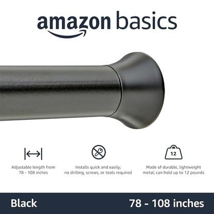 Amazon Basics No Drilling Spring Tension Curtain Rod, Adjustable 78-108" Width, Classic Finial, Black - color: Black, size: 78-108"