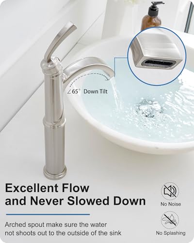 Bathroom Vessel Sink Faucet Brushed Nickel, Brass Tall Waterfall Bathroom Faucet 1 Hole Bathroom Sink Faucet Single Handle Bathroom Faucets with Water Lines Pop-Up Drain - color: Brushed Nickel