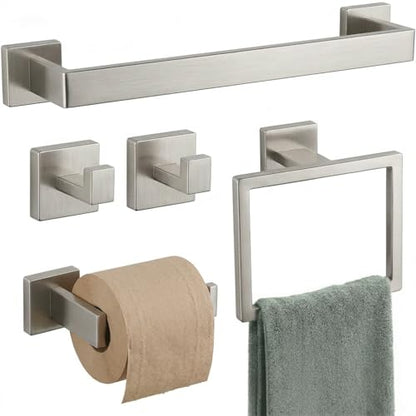 5-Piece Bathroom Hardware Set, 23.6 in Towel Bar, Brushed Nickel | SUS304 stainless steel, 55 mm square bases, concealed screw mount, towel ring, toilet paper holder, 2 robe hooks - color: Brushed Nickel