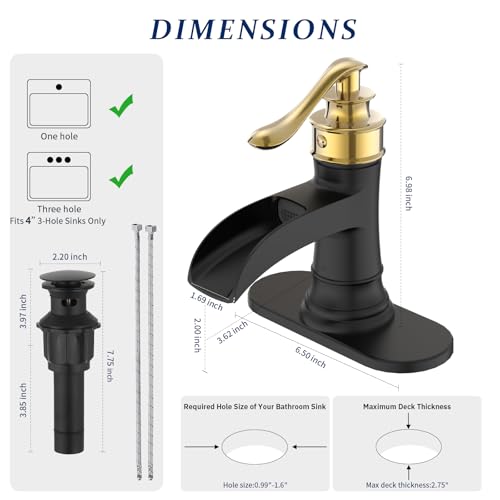 BWE Solid Bass Waterfall Bathroom Sink Faucet, Black & Gold for Farmhouse | Wide Waterfall Spout, Ceramic Cartridge, Fits 1 or 3-Hole Sink, Single Handle, Hardware Kit Included, Not for Vessel Sink - color: Black & Gold