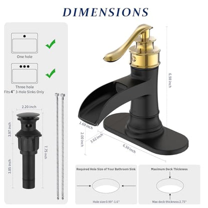 BWE Solid Bass Waterfall Bathroom Sink Faucet, Black & Gold for Farmhouse | Wide Waterfall Spout, Ceramic Cartridge, Fits 1 or 3-Hole Sink, Single Handle, Hardware Kit Included, Not for Vessel Sink - color: Black & Gold