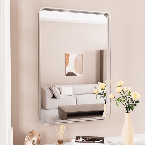 JISOSO Brushed Nickel Bathroom Mirror, 22x30 Inch Thick Silver Metal Rectangle Frame Wall Mirror, Modern Round Corner Bathroom Vanity Mirror for Over Sink, Bedroom, Living Room, Entryway | Silver Metal Frame, Anti-Rust, Shatter Proof, Hangs Horizontally o