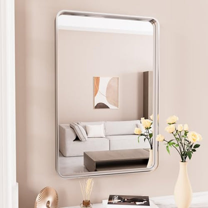 JISOSO Brushed Nickel Bathroom Mirror, 22x30 Inch Thick Silver Metal Rectangle Frame Wall Mirror, Modern Round Corner Bathroom Vanity Mirror for Over Sink, Bedroom, Living Room, Entryway | Silver Metal Frame, Anti-Rust, Shatter Proof, Hangs Horizontally o
