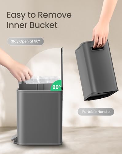 Cesun Small Bathroom Trash Can with Lid Soft Close & Pedal, 1.3 Gal, Gray | Removable Inner Bucket, Slim Stainless Steel Garbage Can for Bedroom/Office, Included 5 Trash Bags, Hidden Bag, Built to Last - color: Gray