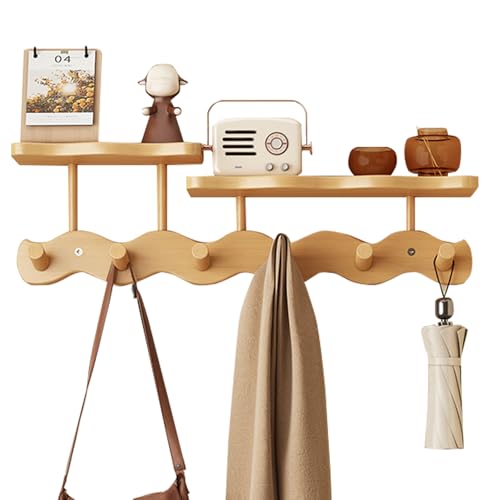 Wall-Mounted Coat Rack with Shelf, Wooden Coat Hanger with 6 Sturdy Hooks, Drill-Mounted Design for Hanging Clothes, Hats, Towels, Bags, and Robes (Natural Color) - color: Natural color