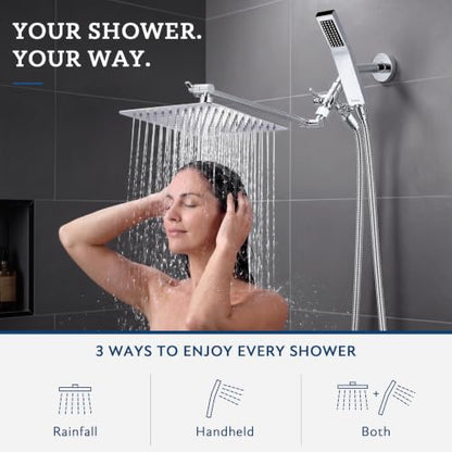 G-Promise All Metal 10" Dual Square Shower Head Combo | Rain Shower Head | Handheld Shower Wand | Adjustable | Smooth 3-Way Diverter | 71" Extra Long Hose - A Bathroom Upgrade (Chrome) | Built to Last, Easy Install, Adjustable Height & Angle for All Heigh