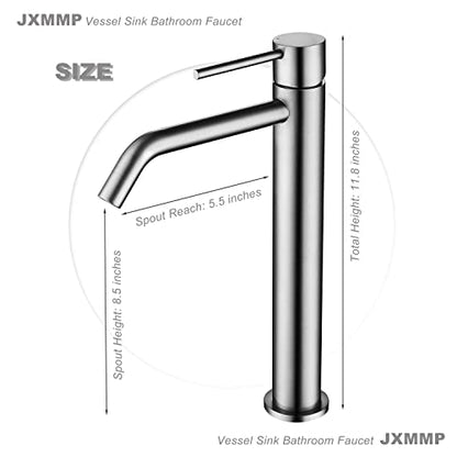 Vessel Sink Faucet Brushed Nickel, JXMMP Bathroom Sink Faucets Without Overflow Pop Up Drain and Water Faucet Supply Lines, Stainless Steel SpotShield Bathroom Faucet for Sink 1 Hole, JXM1001BN - color: Brushed Nickel, size: Tall Faucet