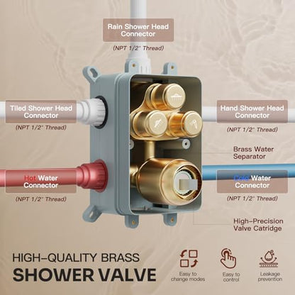 Gold Shower System, All Metal Dual Rain Shower Head with Handheld | 3-In-1 Push Button Valve and Trim Kit, Brushed Gold SUS304 10" Ceiling & 8" Wall Mount Heads, Bathroom Shower Faucet Set - color: Brushed Gold