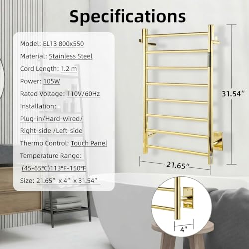 P&Dlusir EL13 Heated Towel Rack, Polished Gold, 8 Bar | Fast Heat in 2 Min, Smart Timer, Thermo Control, Memory Functoion, Stainless Steel, Hard-Wired/Plug-in - color: Polished Gold, size: 21.65"W x 31.54"H
