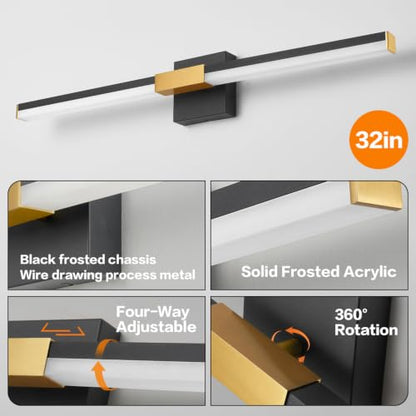 SOLFART Bathroom Lighting Fixtures Over Mirror: 32-Inch Black and Gold Dimmable Built-in Step Dimming Vanity Light ETL IP44 - color: Black Gold-6000K, 5-Step Brightness Control, size: 32 inch