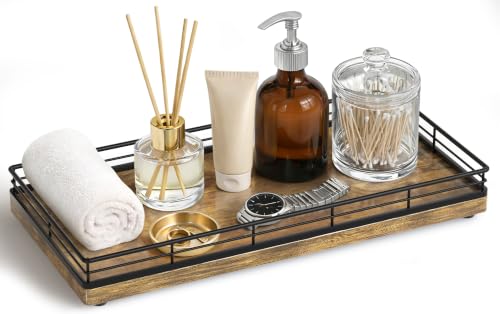 Bathroom Vanity Tray for Countertop, 12" x 6" Wood Toilet Tank Tray | Metal Guardrail, Bathroom Organizer for Soap, Perfume & Skincare, Non-Slip Decorative Tray for Dresser, Black & Rustic Brown - color: Rustic Brown, size: 12" x 6" x 1.5"