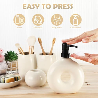 FoldTier 5 Pcs Ceramic Bathroom Accessories Set Includes Soap Dispenser Toothbrush Cup Holder Soapbox Holder Stylish Modern Bathroom Matte Glaze Decor(White)