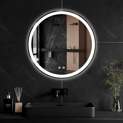 DUMOS 24 Inch Round LED Bathroom Mirror with Lights, Circle Vanity Mirror | Anti-Fog, Dimmable, 3-Color Light, Front Light and Backlit, Memory Function, Tempered Glass - color: White-round, size: 24"L x 24"W