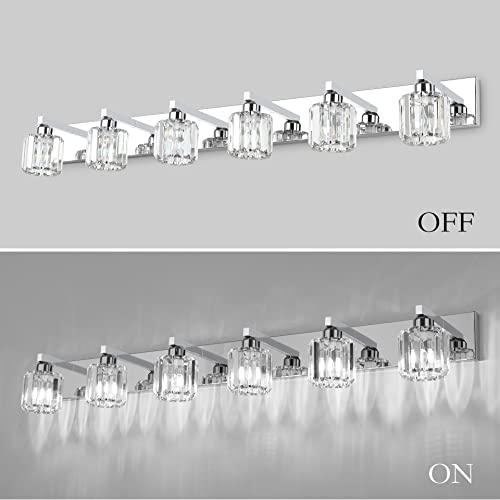 Aipsun Bathroom Vanity Light Crystal Vanity Lighting Fixtures 6 Lights Chrome Vanity Light for Bathroom (Exclude Bulb) - color: Chrome (Round), size: 49 inch