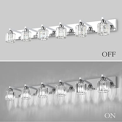 Aipsun Bathroom Vanity Light Crystal Vanity Lighting Fixtures 6 Lights Chrome Vanity Light for Bathroom (Exclude Bulb) - color: Chrome (Round), size: 49 inch