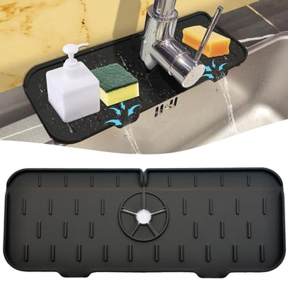 Kitchen Faucet Sink Splash Guard - Faucet Guard & Draining Mat Black | Silicone water catcher mat, Sink drain pad behind fauce; Sink rubber mat, Faucet Mat, kitchen bathroom protect around faucet - color: Black