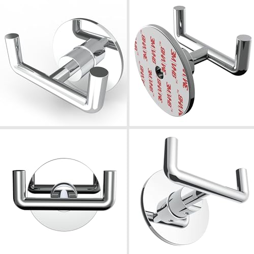 Ruacq Adhesive Double Towel Hooks for Bathroom Wall, Chrome, 2 Pack | SUS304 Stainless Steel Hand Towel Hanger, Coat Robe Hook Holder for Shower Kitchen Entryway, Round Base, Rustproof, Modern - color: 1pack