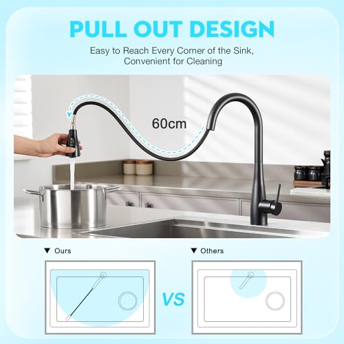 CREA Black Kitchen Faucet, Pull Down Black Kitchen Faucets with Sprayer 3 Modes, Uitility Laundry Faucets Single Hole Bar Sink Faucet 360° Swivel High Arc RV Stainless Steel Faucet, Matte Black - color: Black, style: elliptical