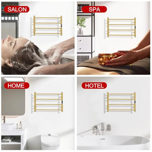 Electric Towel Warmer Rack,Heating Towel Warmer,Timer & Temperature Control,Wall-Mounted Plug-in for Bathroom,Gold,Stainless Steel,4-Bar(16.54x23.62x5.51in) - color: Round-matte Gold With Silver Top, size: 4 Bars