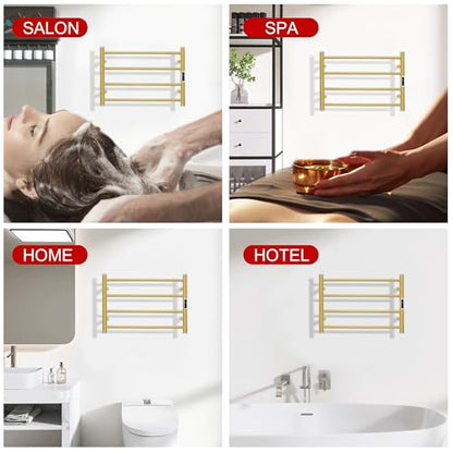 Electric Towel Warmer Rack,Heating Towel Warmer,Timer & Temperature Control,Wall-Mounted Plug-in for Bathroom,Gold,Stainless Steel,4-Bar(16.54x23.62x5.51in) - color: Round-matte Gold With Silver Top, size: 4 Bars