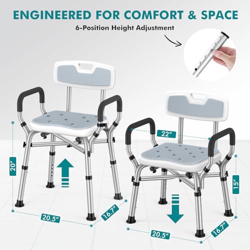VFAUOSIT Shower Chair with Removable Arms and Back, 550 lb Adjustable Seat | Dual X-Brace Support, Non-Slip Feet, 12 Quick-Drain Holes, Tool-Free Assembly, Wide EVA Cushion, Rust-Resistant Frame - color: Gray