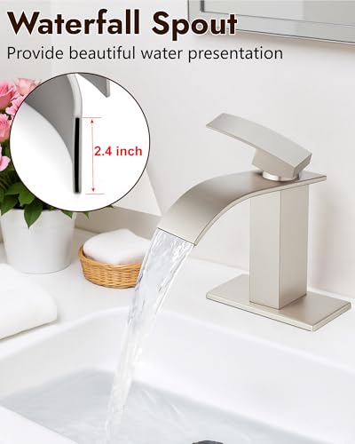 Midanya Waterfall Bathroom Faucet 1 Hole,Brushed Nickel | with 24” Hoses,Pop Up Drain,6” Deck Plate,for 1 or 3 Hole Vanity,Lavatory,RV,Single Handle Bathroom Sink Faucet,NSF Certified - color: Nickel