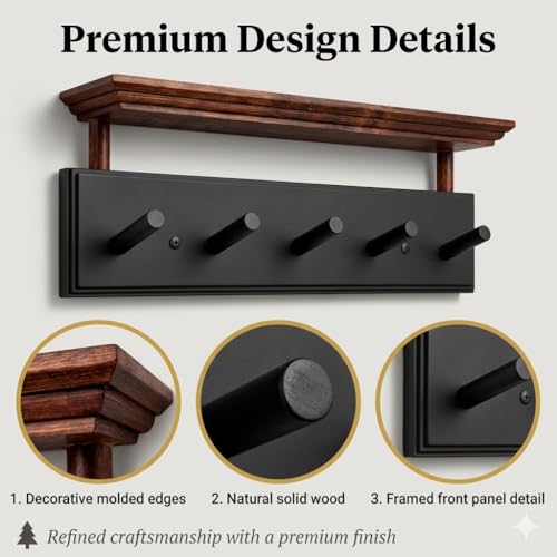 Matías Coat Rack Wall Mount with Shelf, 18 Inch Solid Wood Peg Rail, Wall Mounted Coat Rack with 5 Hooks, Wall Mount Shelf for Entryway, Bathroom or Bedroom (Black and Natural Wood) - color: black and natural wood