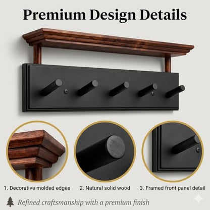 Matías Coat Rack Wall Mount with Shelf, 18 Inch Solid Wood Peg Rail, Wall Mounted Coat Rack with 5 Hooks, Wall Mount Shelf for Entryway, Bathroom or Bedroom (Black and Natural Wood) - color: black and natural wood