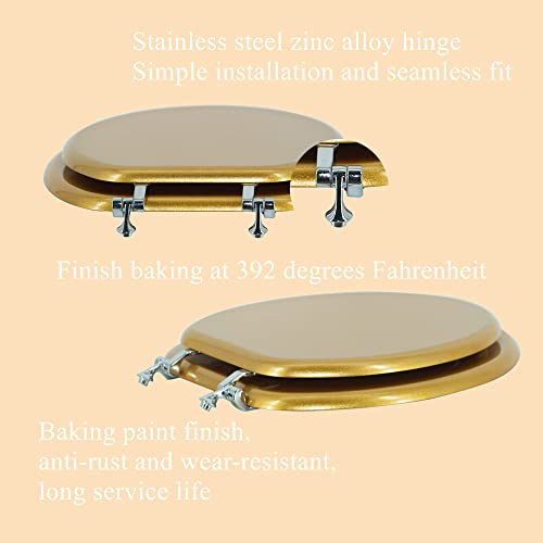 Round Toilet Seat Wood Toilet Seat Prevent Shifting with Zinc Alloy Hinges American Standard Size Toilet Seat Easy to Install also Easy to Clean(Round,Sparkling Classical Gold) - color: Classical Gold, size: Round