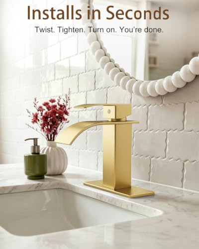 Waterfall Single Handle Bathroom Sink Faucet Light Gold | Vanity Faucet with Pop-up Drain, llaves para lavamanos de baño, Ceramic Valve, for 1 or 3 Hole Modern Bathrooms. - color: Light Gold