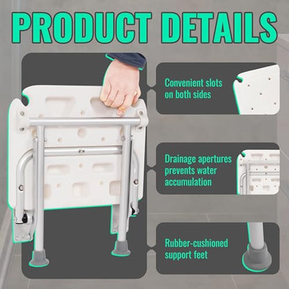 KUAFU Folding Shower Seat, Wall Mounted Bathroom Bathtub Safety Stool, | 18.31"x16.34"x3.54" Foldable Shower Chair W/Support Legs for Inside Shower, Seniors, Elderly and Disabled White 400LBS
