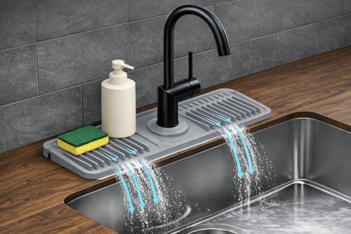 Silicone Faucet Mat for Kitchen Sink, Sink Splash Guard & Faucet Drip Tray, Fast-Drying Counter Protector, Non-Slip, Heat Resistant, Dishwasher Safe, 17.7” x 5.5” (Gray)